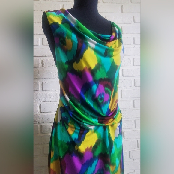 Calvin Klein Watercolour Abstract Art Sleeveless Ruched Sheath Dress Size 10 - Picture 3 of 14